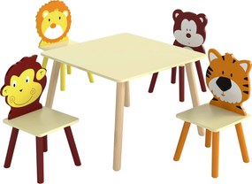 AIYAPLAY Conjunto Mesa para Criança com 4 Cadeiras 5 Peças em Madeira, Encosto em Forma de Animal, Cantos Arredondados, 3-8 Anos, Amarelo | Aosom Portugal
