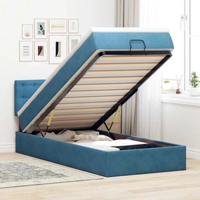 Estrutura cama otomana com colchão azul escuro 90x190cm veludo