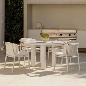 Conjunto De Mesa Redonda Arken, Ø120 Cm, Em Cerâmica E Alumínio, E 4 Cadeiras De Jardim Yervin Com Braços, Em Alumínio E Tecido Branco Pérola - Sklum