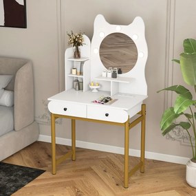 Toucador com espelho e luzes 80 x 50 x 150 cm em forma de gatinho com 3 modos de iluminação e brilho ajustável e 2 gavetas Branca