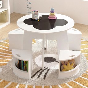 Conjunto de Mesa Redonda e 4 Bancos Infantis, 70 x 70 x 49 cm, Design Empilhável, Branco