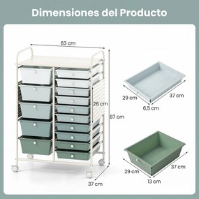 Carrinho de Arrumação, 63 x 37 x 87,5 cm, 15 Gavetas, Verde