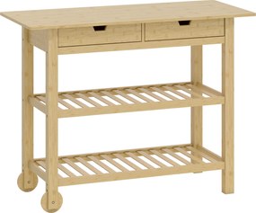 HOMCOM Carrinho Auxiliar com Rodas em Bambu 2 Gavetas 2 Prateleiras de Ripas 100x43x75 cm Madeira | Aosom Portugal