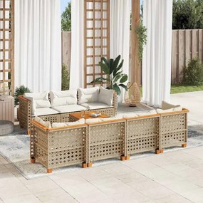8 pcs conjunto de sofás p/ jardim com almofadões vime PE bege