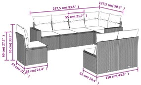 8 pcs conjunto de sofás p/ jardim com almofadões vime PE bege