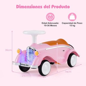 Andador carro clássico com volante, buzina, luz LED e espaço de armazenamento sob o assento para crianças de 19 a 36 meses Rosa
