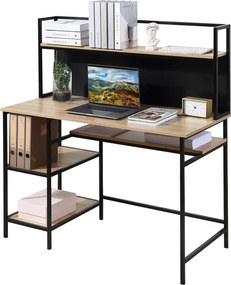 Secretária com 4 prateleiras, tampo grande e painel preto 120 x 53 x 126 A cm, carvalho e preto