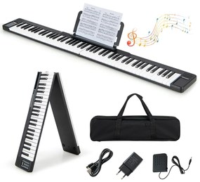 Piano digital dobrável de 88 teclas com Bluetooth MIDI Altifalantes duplos Pedal de sustentação e bolsa de transporte Preto e branco