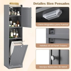 Armário de banho com prateleira ajustável e saco de roupa suja com alças longas e curtas para banheiro 40 x 40 x 170 cm cinza