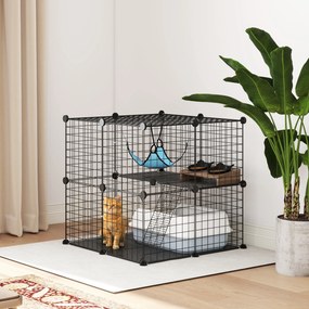 Gaiola Interior para Gatos de 2 Níveis em Aço com 2 Portas Escada e Rede 70x70x70 cm Preta