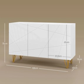 Aparador para Sala Aparador de Entrada com 3 Portas e Prateleiras Ajustáveis para Cozinha Sala 120x40x75 cm Branco Brilhante