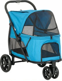 PawHut Carrinho para Cães Dobrável com 3 Rodas Janelas de Rede Almofada Lavável Todo o Terreno Carga 20 kg 92x63x95 cm Azul | Aosom Portugal