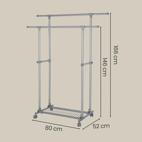 Guarda roupa aberto com rodas, extensível, (87-150) x 52 x 166 cm Cinza