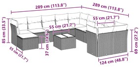 12 pcs conj. sofás jardim com almofadões vime PE cinzento-claro