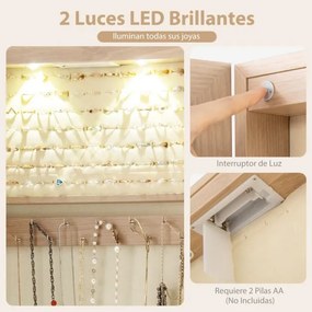 Armário de joias em madeira com espelho de parede e LED interno Organizador de porta ou parede com chave 35,5 x 10 x 120 cm Natural