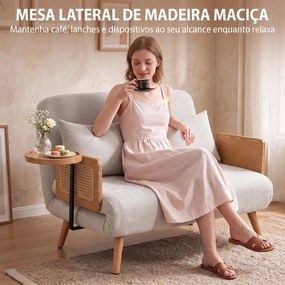 Sofá-Cama 2 Lugares 3 em 1 em Chenille com Encosto Ajustável, Mesa Lateral e 2 Almofadas, Creme