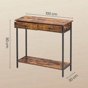 Mesa consola industrial com 2 gavetas 30 x 100 x 80 cm castanho vintage-preto