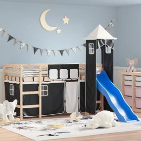 vidaXL Cama alta criança c/ torre 80x200 cm pinho maciço branco/preto