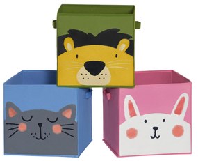 Caixas de armazenamento SONGMICS, conjunto de 3, caixas organizadoras de brinquedos, cubos de armazenamento dobráveis ​​com alças, para quarto infantil, sala de jogos, quarto, 30 x 30 x 30 cm, tema animal, azul, verde e rosa RFB075P01