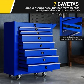 Carrinho de Ferramentas com 7 Gavetas Carrinho de Oficina com Fechadura Pega 2 Rodas com Travão 69x33x75 cm Azul