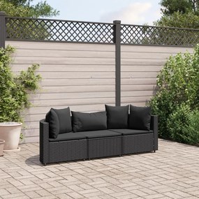 3 pcs conjunto sofás de jardim com almofadões vime PE preto