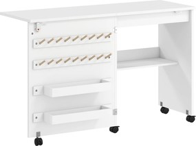 Mesa para Máquina de Costura Dobrável com Porta Magnética, 2 Compartimentos, Prateleira, 18 Suportes para Linhas, 5 Rodas, Branco