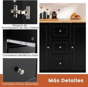 Carrinho de cozinha 127 cm x 46 cm x 91,5 cm com rodas e bancada em madeira de borracha, 3 gavetas e 2 armarios com prateleiras ajustáveis Preto