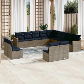 vidaXL 13 pcs conjunto sofás p/ jardim c/ almofadões vime PE cinzento