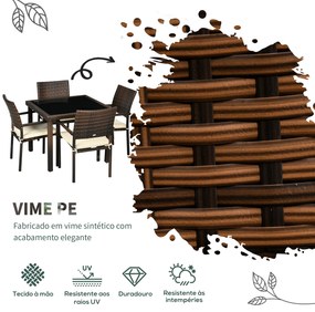 Conjunto de Móveis de Vime Sintético Conjunto de Refeição 5 Peças Mesa com Bancada de Vidro e 4 Cadeiras com Almofadas para Varada Pátio Marrom