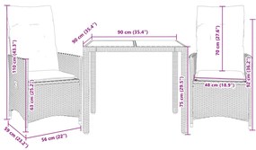 3 pcs conjunto bistrô com almofadões vime PE castanho