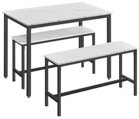 Conjunto de mesa de jantar VASAGLE para 4 pessoas, mesa de cozinha com 2 bancos, 70,5 x 109,5 x 74,5 cm, mesa de jantar, banco 29,9 x 97,5 x 49,5 cm, mármore branco e preto UKDT070B59
