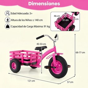 Triciclo Infantil Evolutivo, 117 x 55 x 68 cm, Assento e Guiador Ajustáveis, Rosa