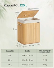 Cesto para roupa suja em bambu com 2 compartimentos 50 x 40 x 61 cm cor natural