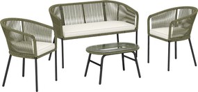 Outsunny Conjunto de Jardim Exterior 4 Lugares Sofá 2 Lugares 2 Poltronas e Mesa de Centro Vidro Temperado PP Redondo Trançado Creme | Aosom Portugal
