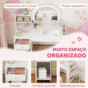 Toucador Infantil com Banqueta e Espelho com Luzes LED 1 Gaveta, Armário e 5 Prateleiras Branco