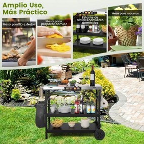 Carrinho de jantar para exterior com Estante ajustável Suporte ajustável para preparação de alimentos 106 x 52 x 84cm Preto e prateado