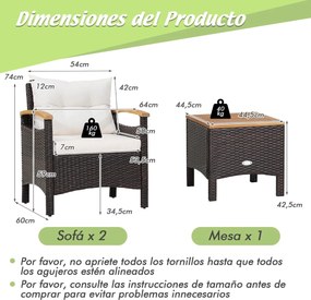 Conjunto jardim de 3 peças de mobiliário de jardim com mesa de centro Almofada amovível Apoio de braços em madeira de acácia para pátio Piscina Castan