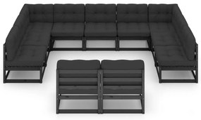 11 pcs conjunto longue jardim c/ almofadões pinho maciço preto