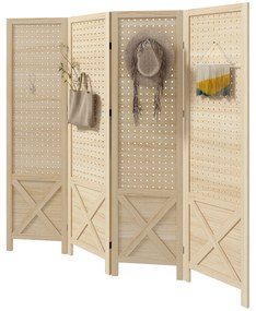 HOMCOM Biombo de 4 Painéis Separador de Ambientes Dobrável 152x1,7x144,5 cm Painéis com Orifícios para Pendurar Madeira | Aosom Portugal