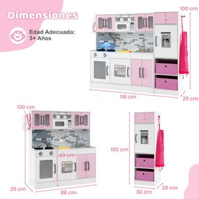 Cozinha brincar de madeira 118 x 29 x 100 cm com luzes e sons Cozinha modular de brincar e frigorífico com funções interativas rosa