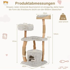 Arranhador Gatos de 124 cm de altura feito de madeira com caverna para gatos, superfície de assento em pelúcia cinzento