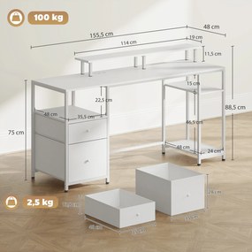 Secretária com Luzes LED Gavetas Tomadas Portas USB e Suporte para Monitor 155,5x48x88,5 cm Branco