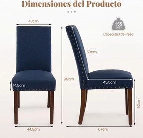 Conjunto de 2 Cadeiras de Jantar Estofadas, 44,5 x 67 x 96 cm, Assento e Encosto Acolchoados, Azul-marinho