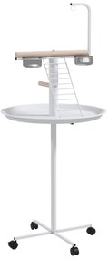 PawHut Comedouro para Pássaros em Pé Ø60x138 cm com 4 Rodas 2 Recipientes de Aço Inoxidável e 2 Poleiros Branco