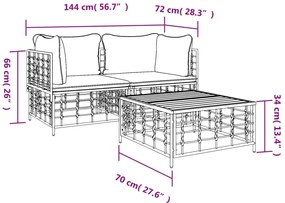 3 pcs conjunto lounge de jardim c/ almofadões vime PE antracite