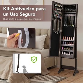 Armário para joias com espelho de corpo inteiro 35 x 30 x 144 cm e 3 ângulos ajustáveis Organizador de joias 2 em 1 Castanho