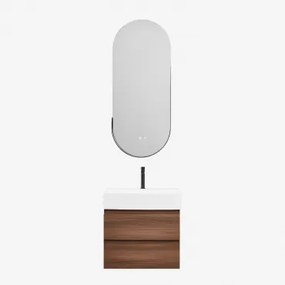 Conjunto De Móvel De Casa De Banho Em Madeira E Chapa De Freixo Com Lavatório Integrado Ona Madeira Escura & Ovalado Led E - Sklum