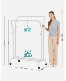 Cabide Guarda roupa com Rodas e 2 varões para roupa branco