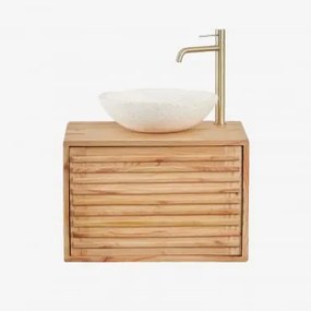 Conjunto De Móveis De Banheiro De Madeira Suspensos Deleyna Madeira Natural & Cimento Redondo Branco Ø40 Cm Zavion & Sem Espelho & - Sklum