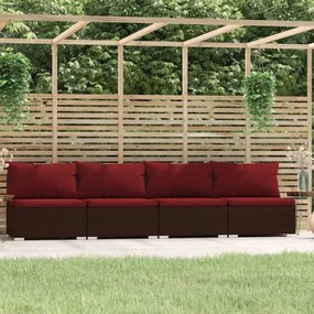 vidaXL Sofá de jardim 4 lugares com almofadões vime PE castanho